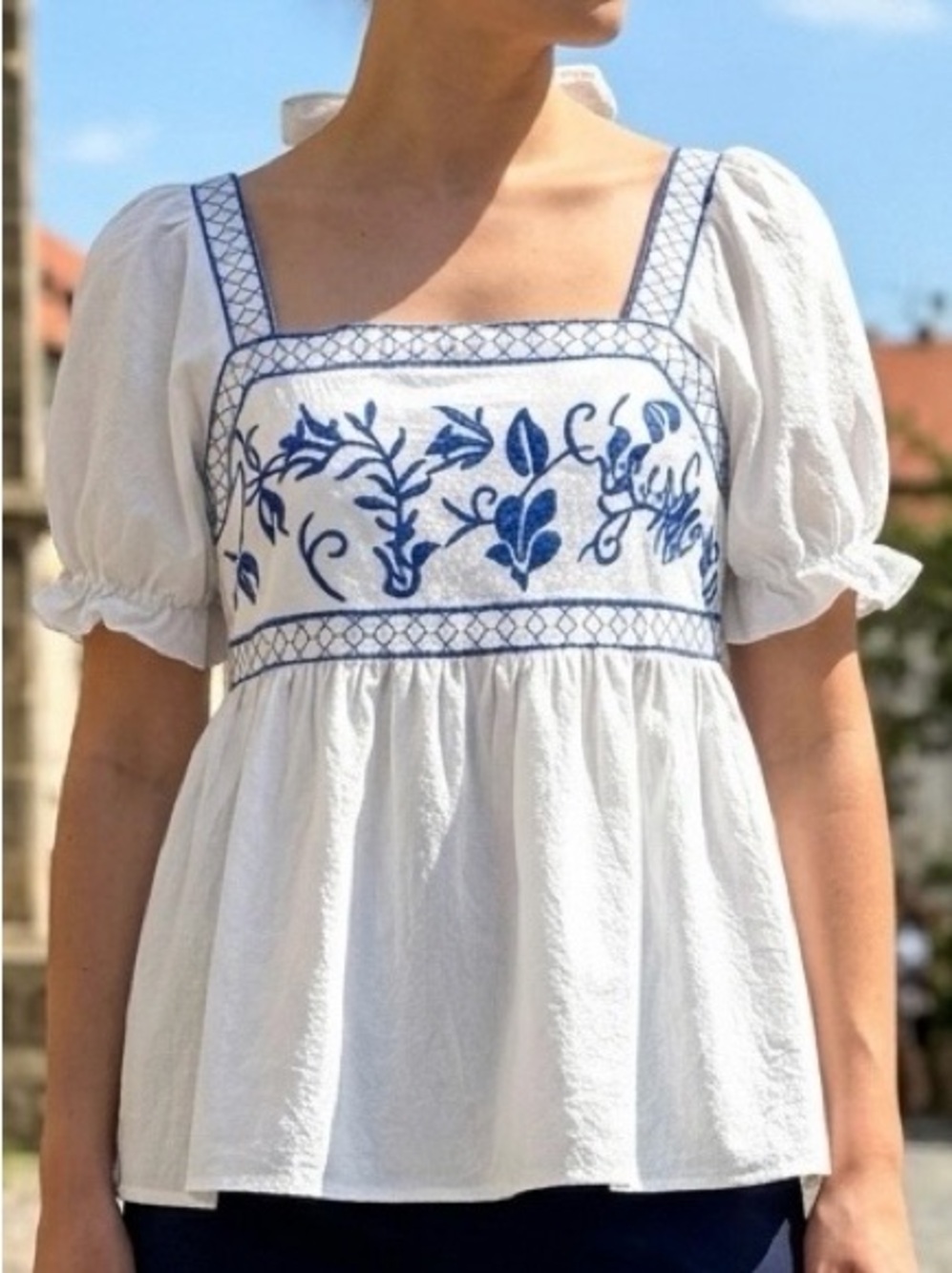 Emery Rose 100% Cotton Boho Embroidered Square Neck Babydoll Peplum Puff Top M